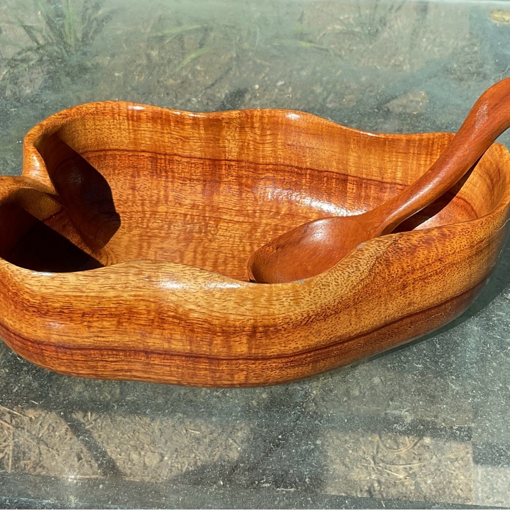 Handmade Hawaiian Wooden Bowl and Spoon Set, Signed - Picture 2 of 10